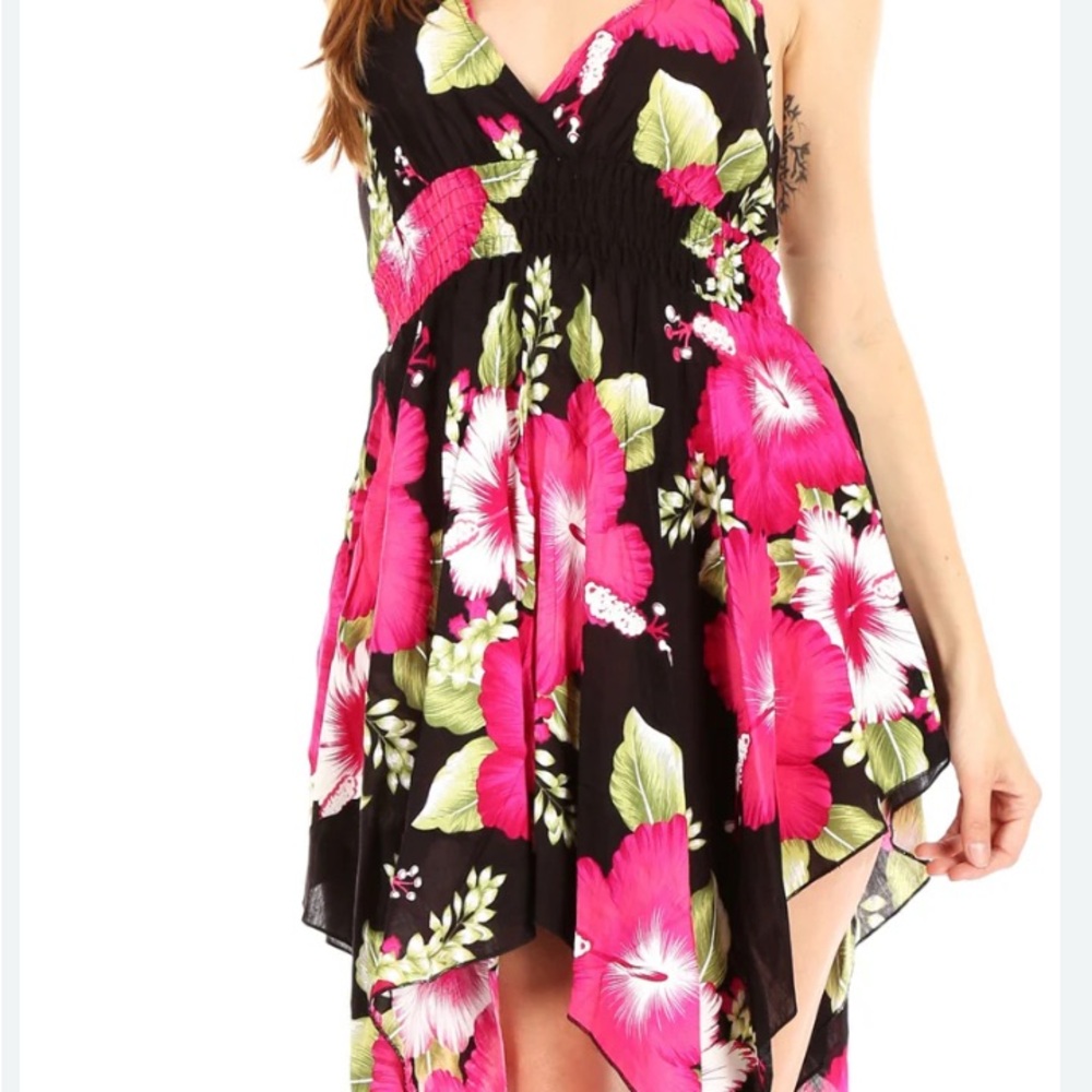 Floral Halter Dress with Pink/White Hibiscus Size S Y2K Fairycore Asymmetrical